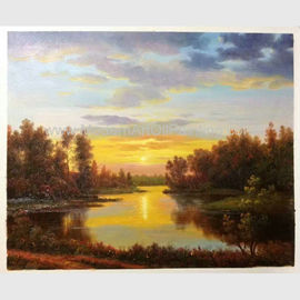 Классическая пейзажная живопись захода солнца ландшафта картины маслом природы с потоком